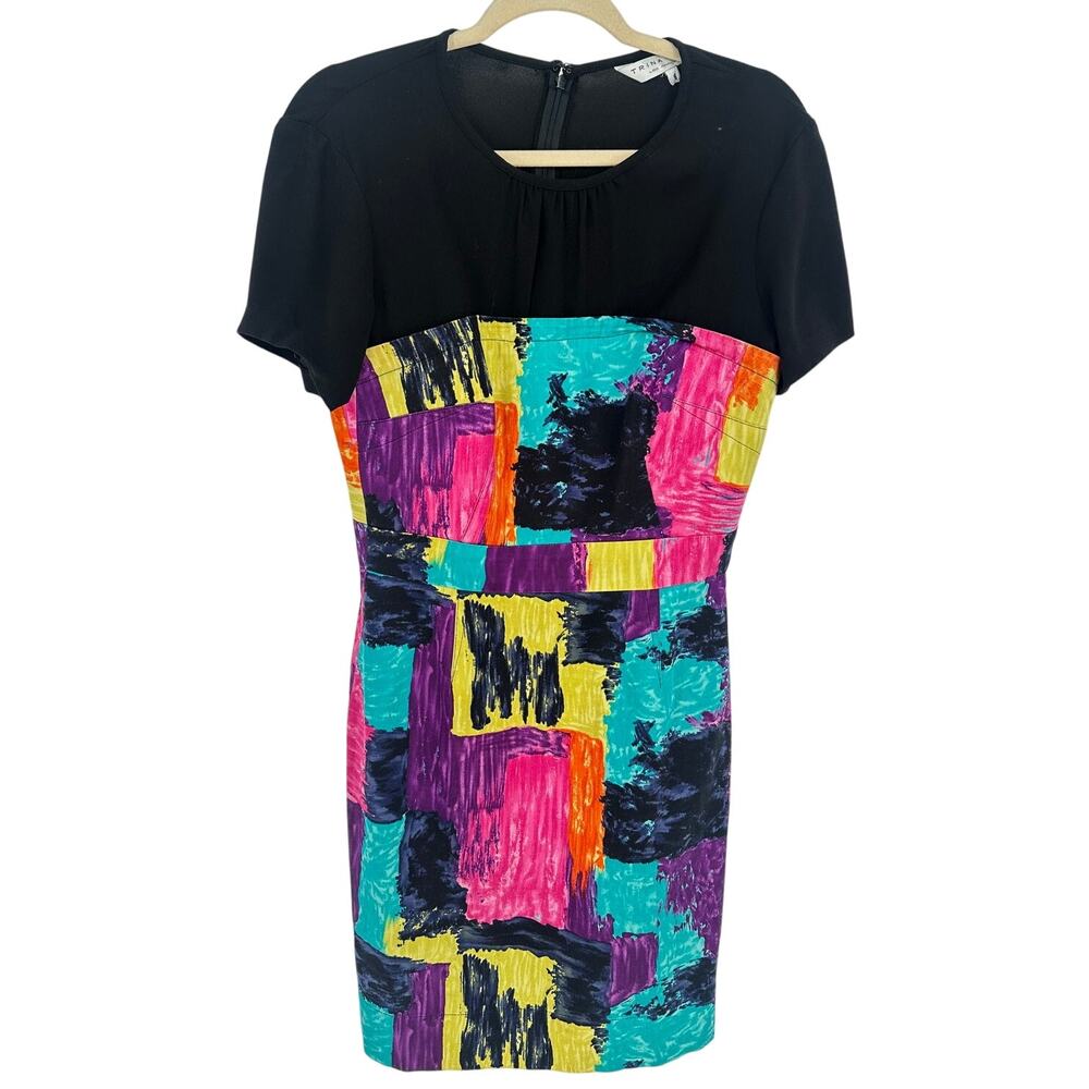 Trina Turk Silk Blend Sheath Dress 6 Black Multicolor Abstract Cocktail‎ Luxe